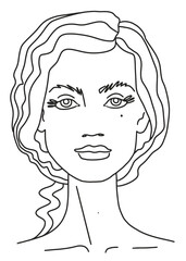 Abstract Portrait of a girl with curly hair. Line drawing face aesthetic contour. Sketch Vector illustration