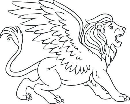 The winged lion is a symbol of Venice. Black and white image for tattoo or coloring or logo. Vector illustration in graphic style.