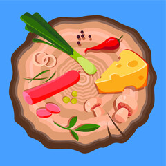 Picnic in nature. Food spread out on a tree stump or cut. Vector illustration in cartoon style.