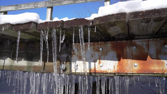 Rusty bridge with ice Stalactites formatin