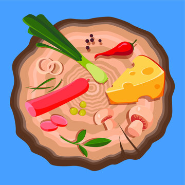 Picnic In Nature. Food Spread Out On A Tree Stump Or Cut. Vector Illustration In Cartoon Style.