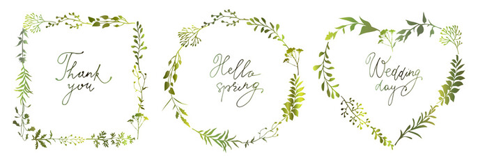 Set of green floral frames of different shapes with meadow herbs and lettering inscriptions. Floral wreaths. Element design.