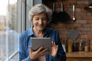 Learn using gadgets. Active smiling middle aged latin female pensioner use modern tablet computer...