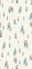 winter seamless pattern with hand drawn skiers In retro colors