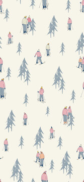 winter seamless pattern with hand drawn skiers In retro colors