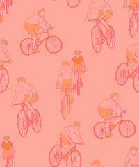 bright pink seamless hand drawn pattern with cyclist