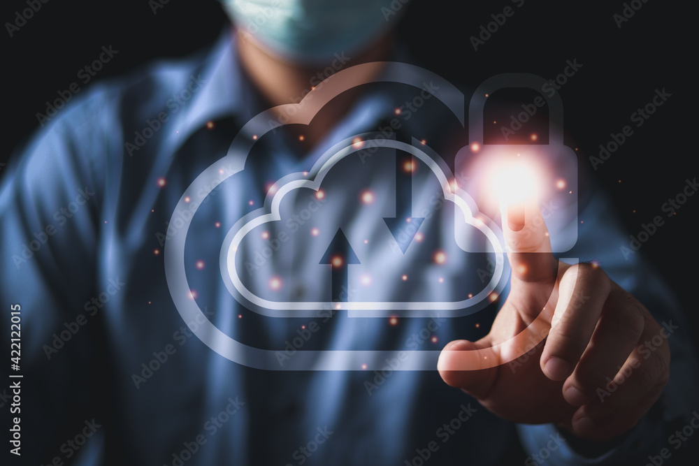 Poster hand touching to virtual artificial intelligence with cloud technology transformation and internet o