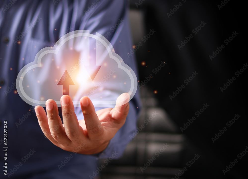 Poster hand touching to virtual artificial intelligence with cloud technology transformation and internet o