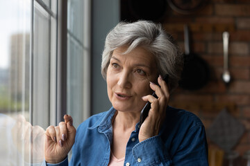 Call parents. Happy mature hispanic woman retiree engaged in pleasant talk on phone hold gadget...