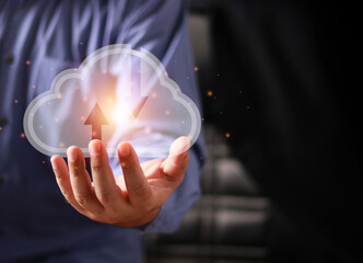 Hand touching to virtual artificial intelligence with cloud technology transformation and internet of thing, Cloud Computing Technology Internet Storage Network Concept.