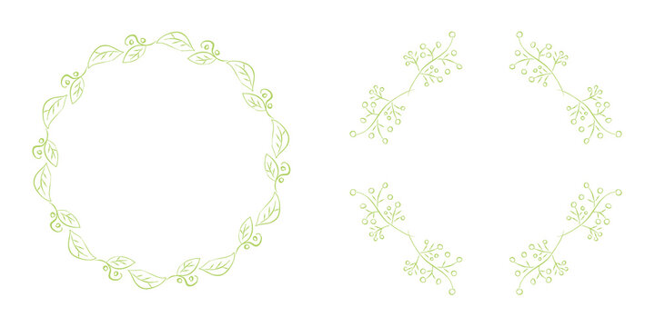 green_leaf_frame_circle rhombus 緑 飾り罫 葉 可愛い 手描き 円 ひし形 セット