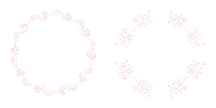 pink_leaf_frame_circle rhombus ピンク 飾り罫 葉 可愛い 手描き 円 ひし形 セット