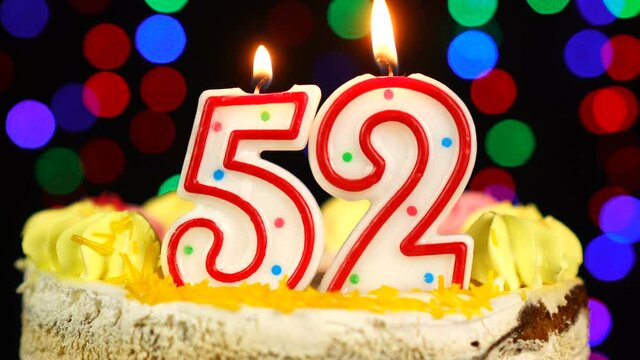 Number 52 Happy Birthday Cake Witg Burning Candles Topper.