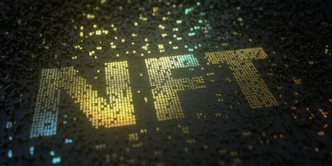 NFT non-fungible token acronym made with golden numbers, conceptual 3D rendering