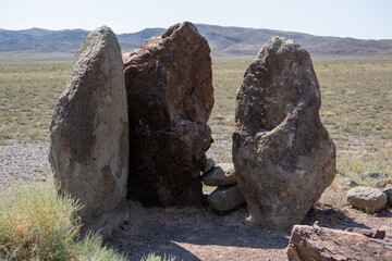 Historical stele "Oshaktas". Altyn-Emel National Park. Almaty region, Kazakhstan.