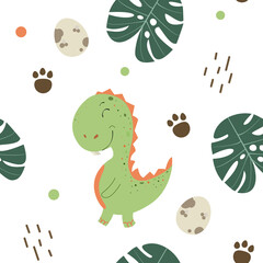 Childish seamless pattern with hand drawn dino in Scandinavian style. Cool t-rex illustration for nursery t-shirt, kids apparel, invitation cover, simple child background design. Vector illustration.