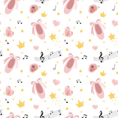 Vector seamless pattern with pink pointe shoes, hearts, notes, butterflies, confetti and crowns. Hand-drawn ballet background. Party for girls, little ballerina, baby shower.