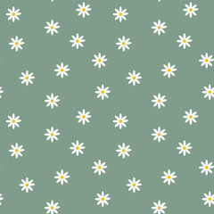 Stylish seamless deep green background with chamomile flowers. Floral modern print. Great for fabric, wallpaper, textile, wrapping. Vector simple template.