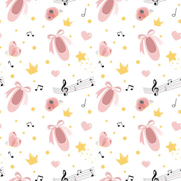 Vector seamless pattern with pink pointe shoes, hearts, notes, butterflies, confetti and crowns. Hand-drawn ballet background. Party for girls, little ballerina, baby shower.