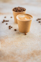 coffee hot fresh in disposable paper cup break meal top view copy space for text food background...