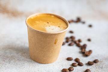 coffee hot fresh in disposable paper cup break meal top view copy space for text food background rustic image