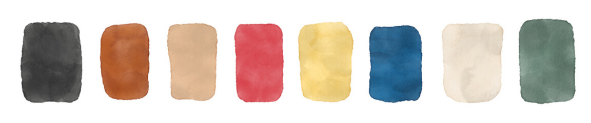 set of watercolor multicolored squares, rectangles, spots drawn with trending colors, isolated, on white background