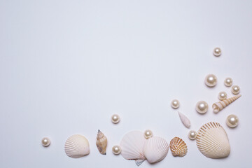 Sea shells and pearls on the white background, with free space for text. Top view, elegant flat lay. Beautiful background and template for your design.