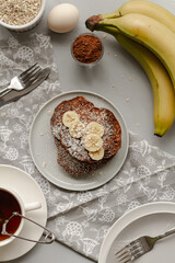 Tasty banana pancakes with ingredients