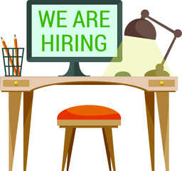 Fototapeta premium Desktop with a monitor on it. Concentration with the inscription - we are looking for an employee or employee. Free vacancy in the office. Vector illustration in cartoon style.