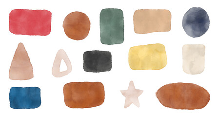 set of watercolor multicolored squares, rectangles, ovals, circles, stars, spots drawn with trending colors, isolated, on white background