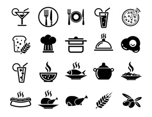 Elegant Food Icons Set. Black beverage, food, kitchen Elements for mobile concepts and web apps. Collection modern infographic logo and pictogram.