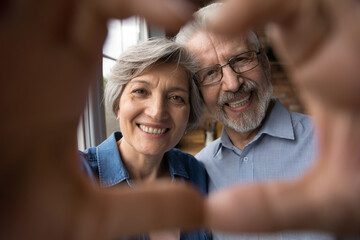 One heart for two of us. Smiling old age couple retirees unite hands fingers before digital web cam in tender symbol of love. Loving aged husband wife faces look at camera make romantic self portrait