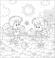 Cheerful cute little kids in colorful sport clothes playing and fun spinning hoops on a pretty lawn on a sunny summer day, black and white outline vector cartoon illustration for a coloring book page