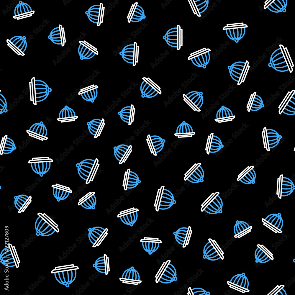 Poster line pudding custard with caramel glaze icon isolated seamless pattern on black background. vector