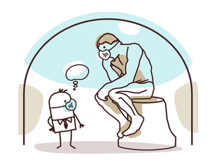 Cartoon man with protection Mask, meeting the Rodin's Thinker