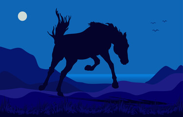 dark isolated realistic silhouette of a galloping kicking horse against the sky and sea in  blue tone