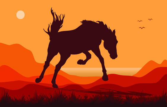 poster, dark isolated realistic silhouette of a galloping kicking horse against the sky and sea in orange  tone