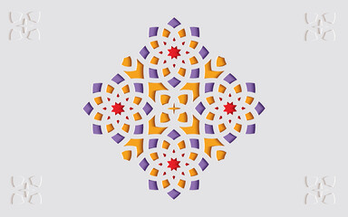 Colorful ornamental patterned stone relief in arabic architectural style of islamic mosque, greeting card for Ramadan Kareem