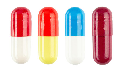 Set of tablets in capsules isolated on white background. Pharmacy drugstore products.