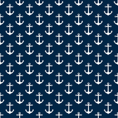 White ship anchors isolated on dark blue background. Cute seamless pattern. Vector simple flat graphic illustration. Texture.