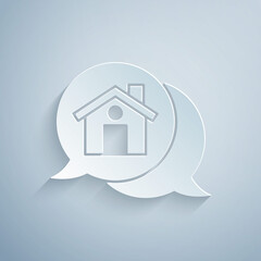 Paper cut Real estate message house in speech bubble icon isolated on grey background. Paper art style. Vector