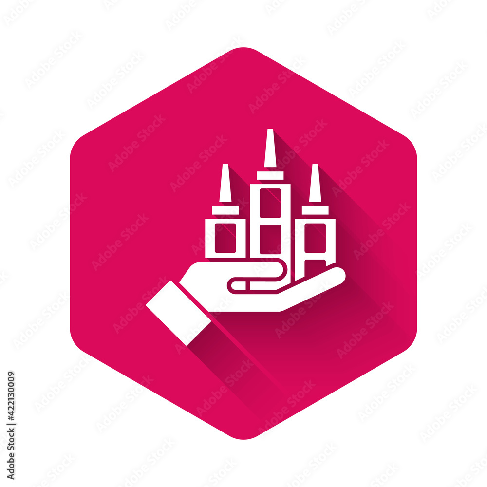 Poster white skyscraper icon isolated with long shadow background. metropolis architecture panoramic landsc