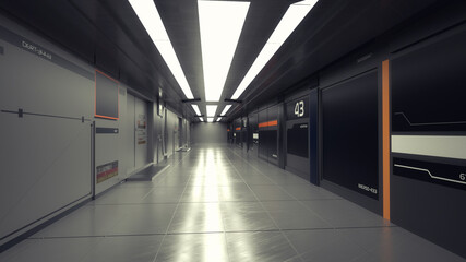 Obraz premium 3d render. Futuristic hallway. Concept of modern architecture and interior spaceship