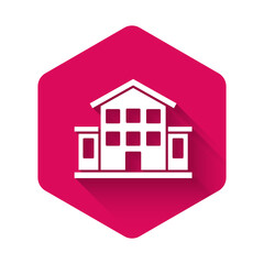 White House icon isolated with long shadow background. Home symbol. Pink hexagon button. Vector