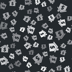 Grey House with dollar symbol icon isolated seamless pattern on black background. Home and money. Real estate concept. Vector