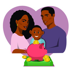 African American couple with a child planning a family budget. Family Income. Planning family finances. Stock vector illustration.