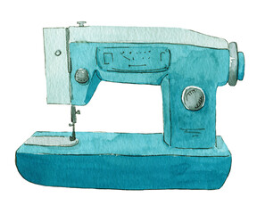 Watercolor illustration of a turquoise sewing machine, on white background