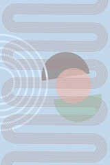 Abstract background with geometric shapes and lines. Rainbow print and sun circle, boho style. Modern minimalist print in pastel colors. Concept of balance, harmony and equilibrium. Vector