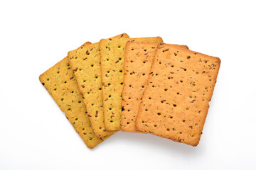 Cracker with flax seeds and oat bran rectangular shape for healthy, dietary and balanced diet isolated on white background. Snack for proper nutrition.