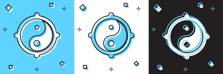 Set Yin Yang symbol of harmony and balance icon isolated on blue and white, black background. Vector - obrazy, fototapety, plakaty